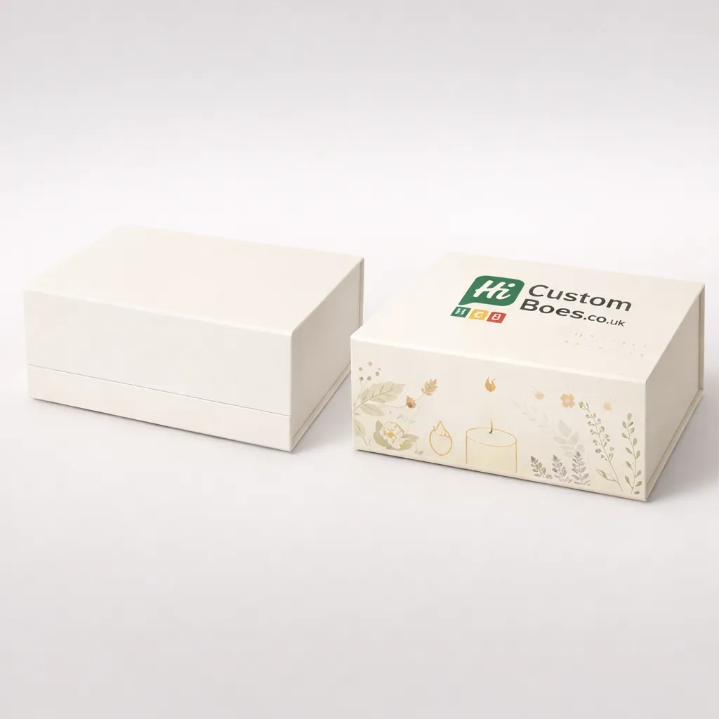 Two cream magnetic closure boxes, featuring one plain and one printed with floral and candle illustrations. class=